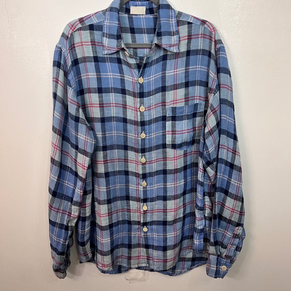 CP Shades Women's L 100% Linen Plaid Relaxed Button Down Shirt Made in USA